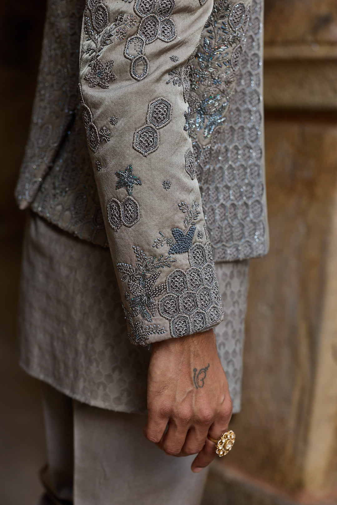 Grey Satin Silk Embroidered Open Bandhgala Set