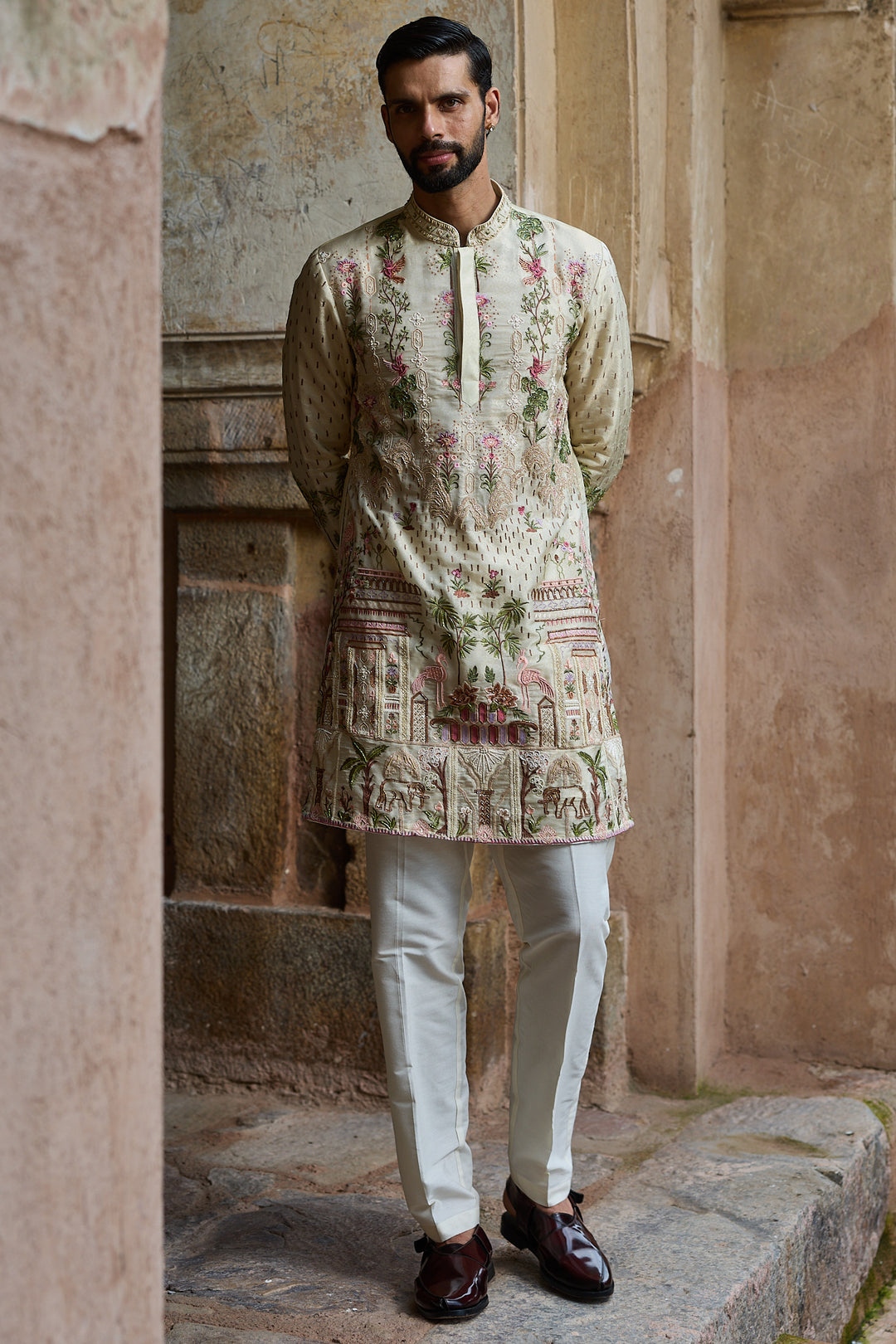 Golden Tissue Embroidered Kurta Set