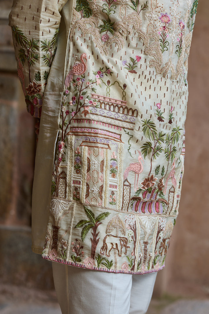 Golden Tissue Embroidered Kurta Set