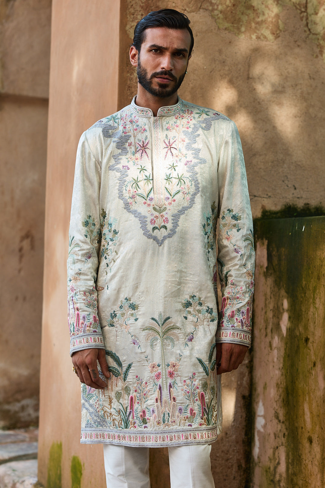 Silver Tissue Embroidered Kurta Set