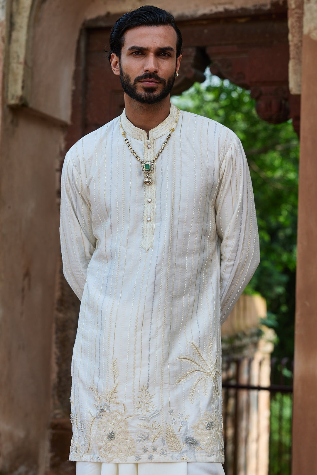 Ivory Zari Palm Silk Embroidered Kurta Set