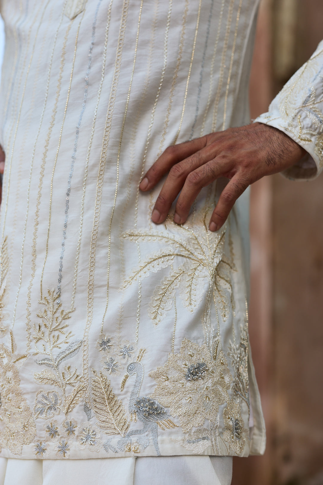 Ivory Zari Palm Silk Embroidered Kurta Set