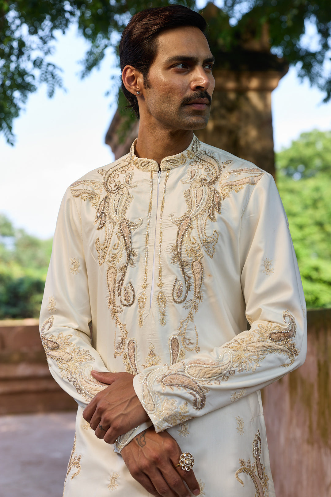 Ivory Paisley Palm Silk Embroidered Kurta Set
