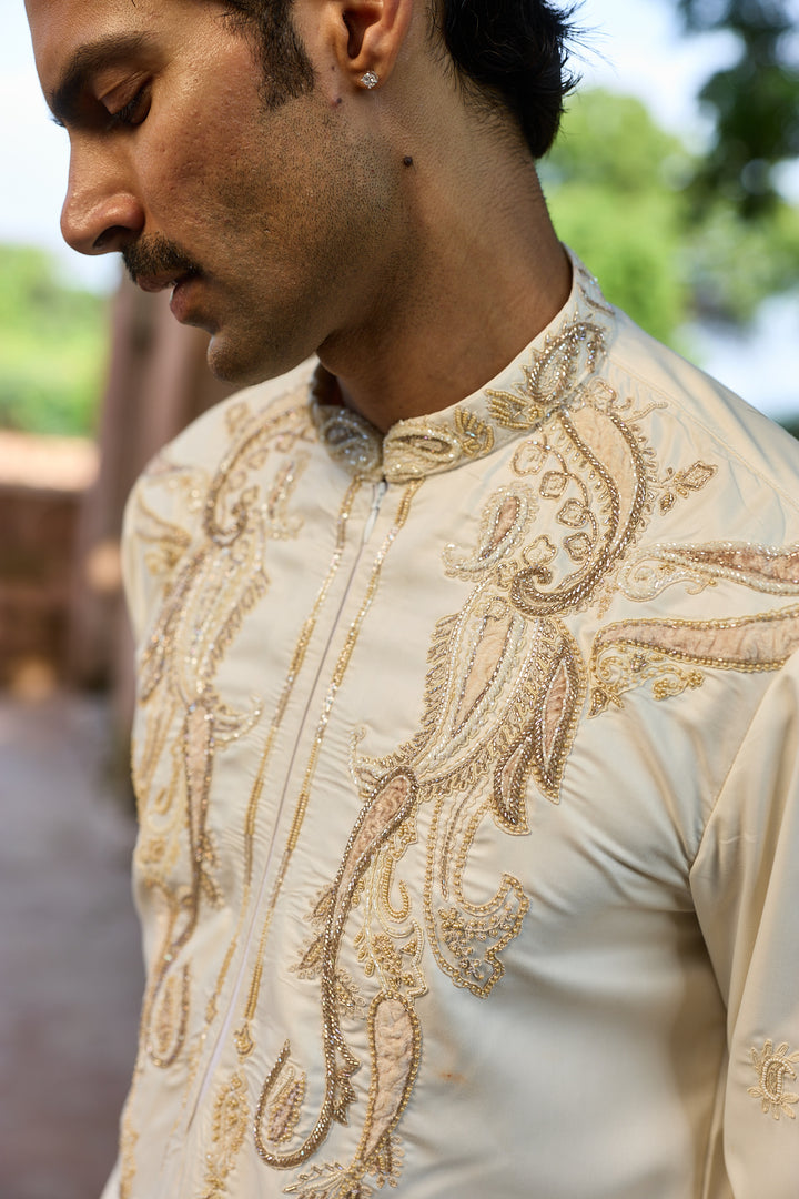 Ivory Paisley Palm Silk Embroidered Kurta Set
