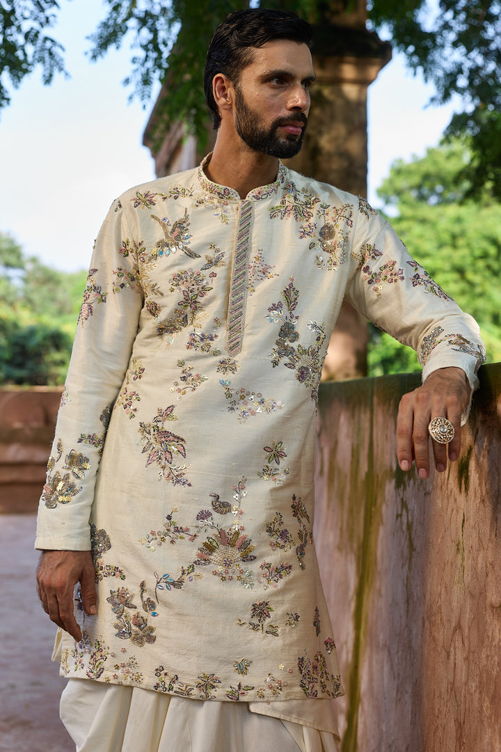 Ivory Paisley Raw Silk Embroidered Kurta Set