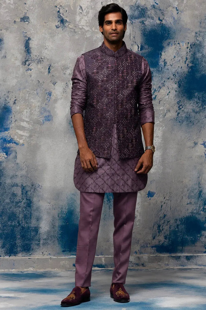 Twilight Lavender Moti and Sequins Embroidery Bundi Set - Asuka Couture