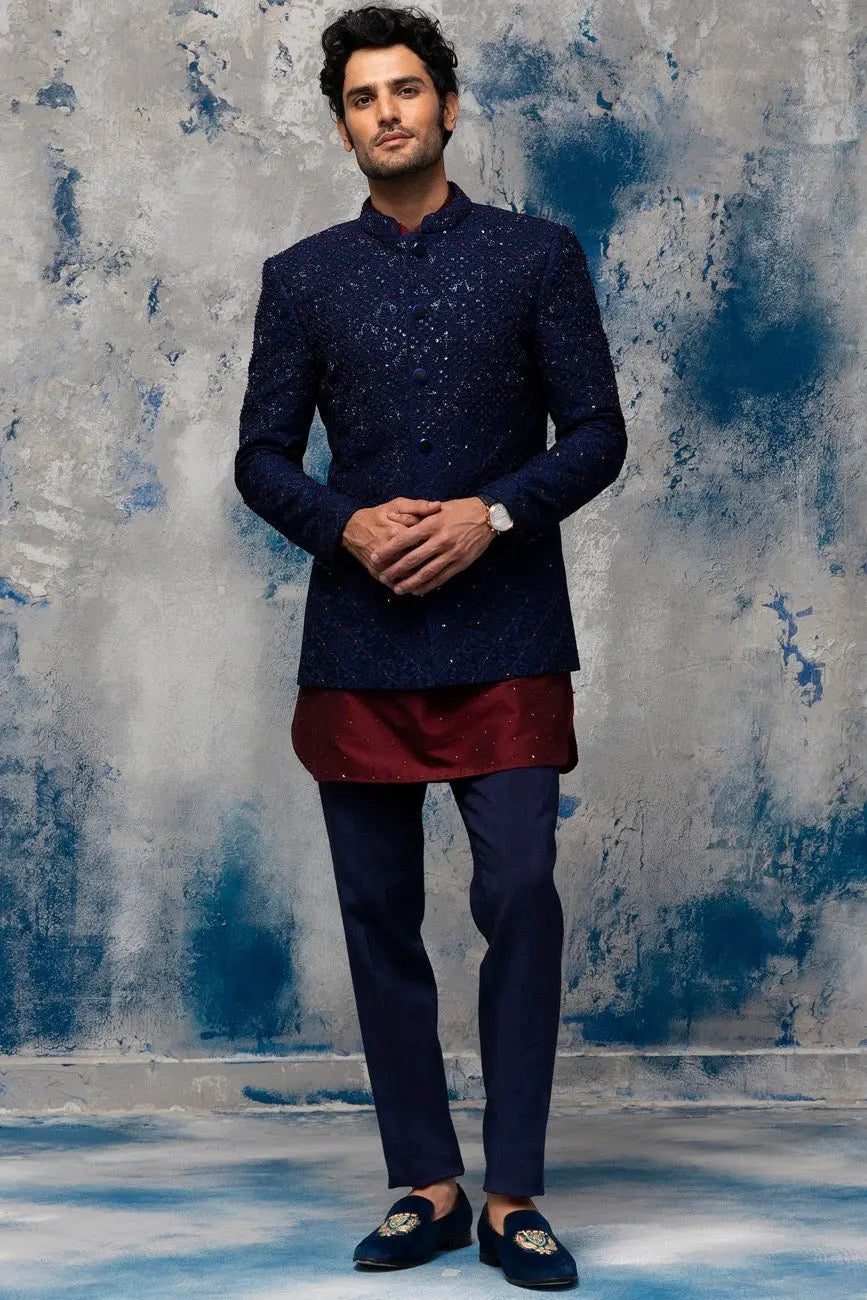Midnight Blue Sequins Embellished Bandhgala - Asuka Couture