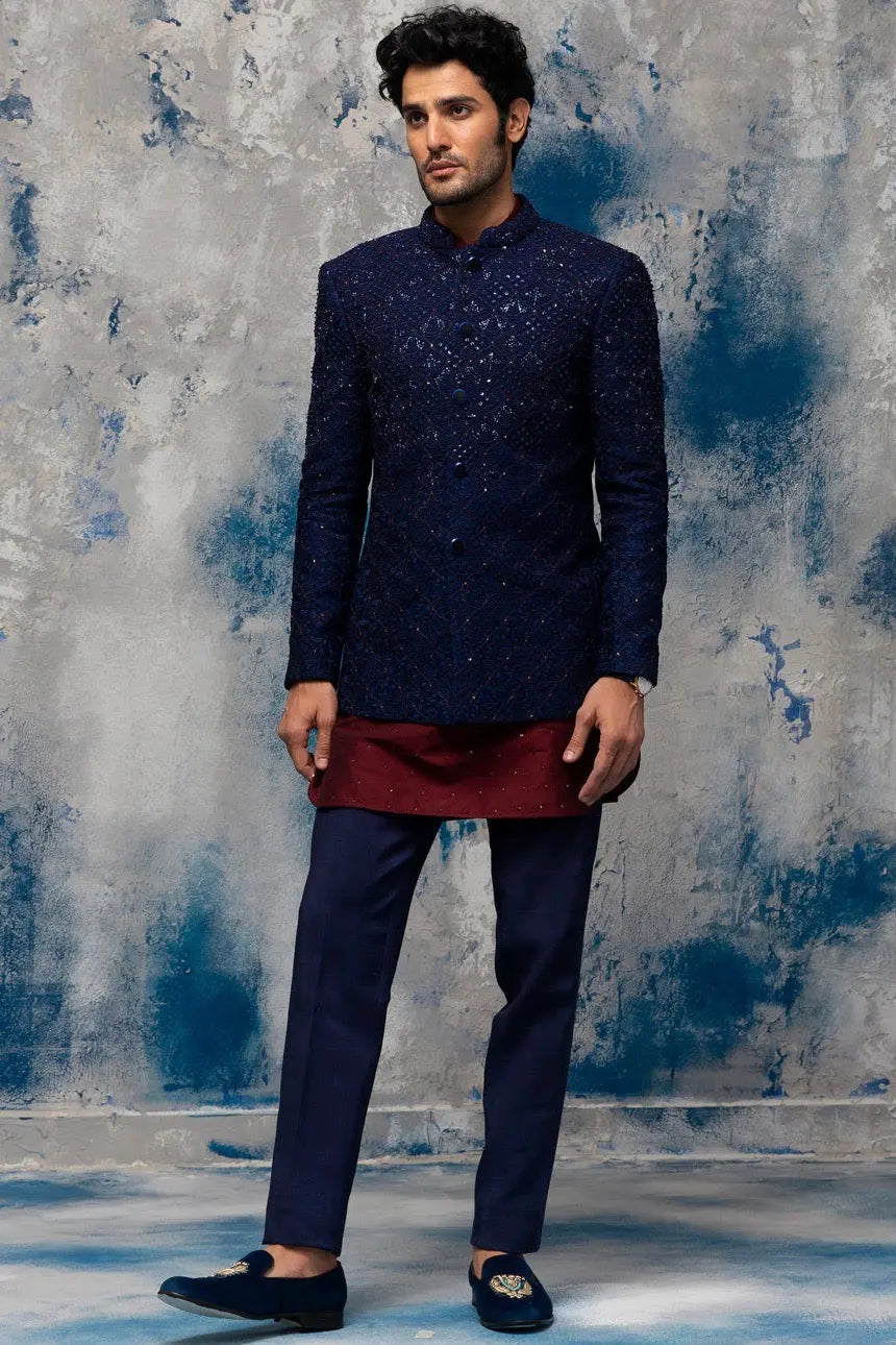 Midnight Blue Sequins Embellished Bandhgala - Asuka Couture