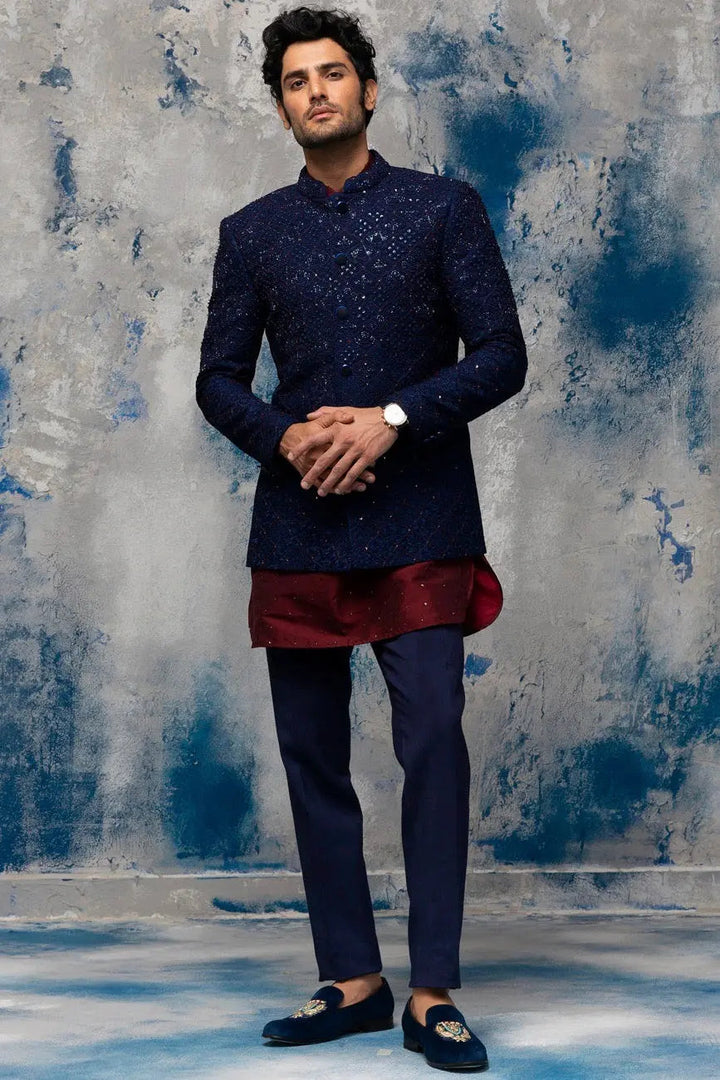 Midnight Blue Sequins Embellished Bandhgala - Asuka Couture