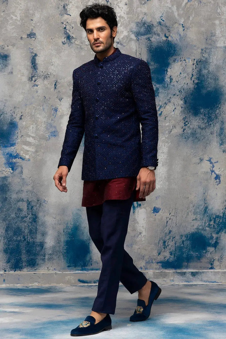 Midnight Blue Sequins Embellished Bandhgala - Asuka Couture