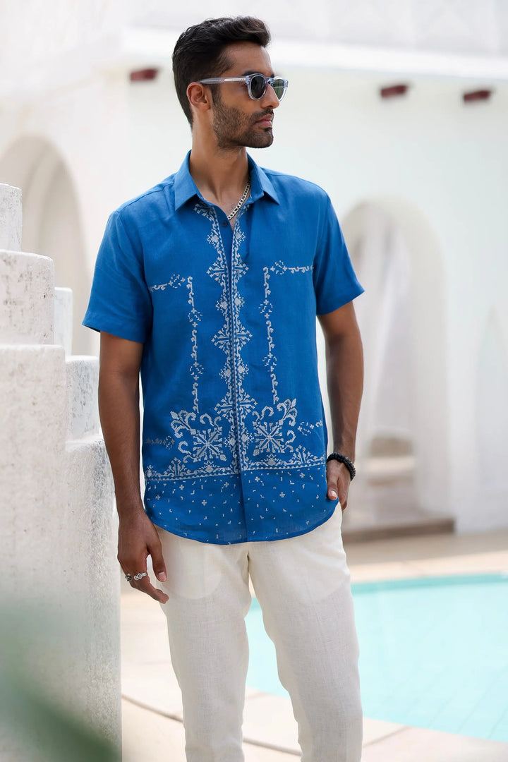 Vivid Blue Cow Boy Embroidered Shirt - Asuka Couture