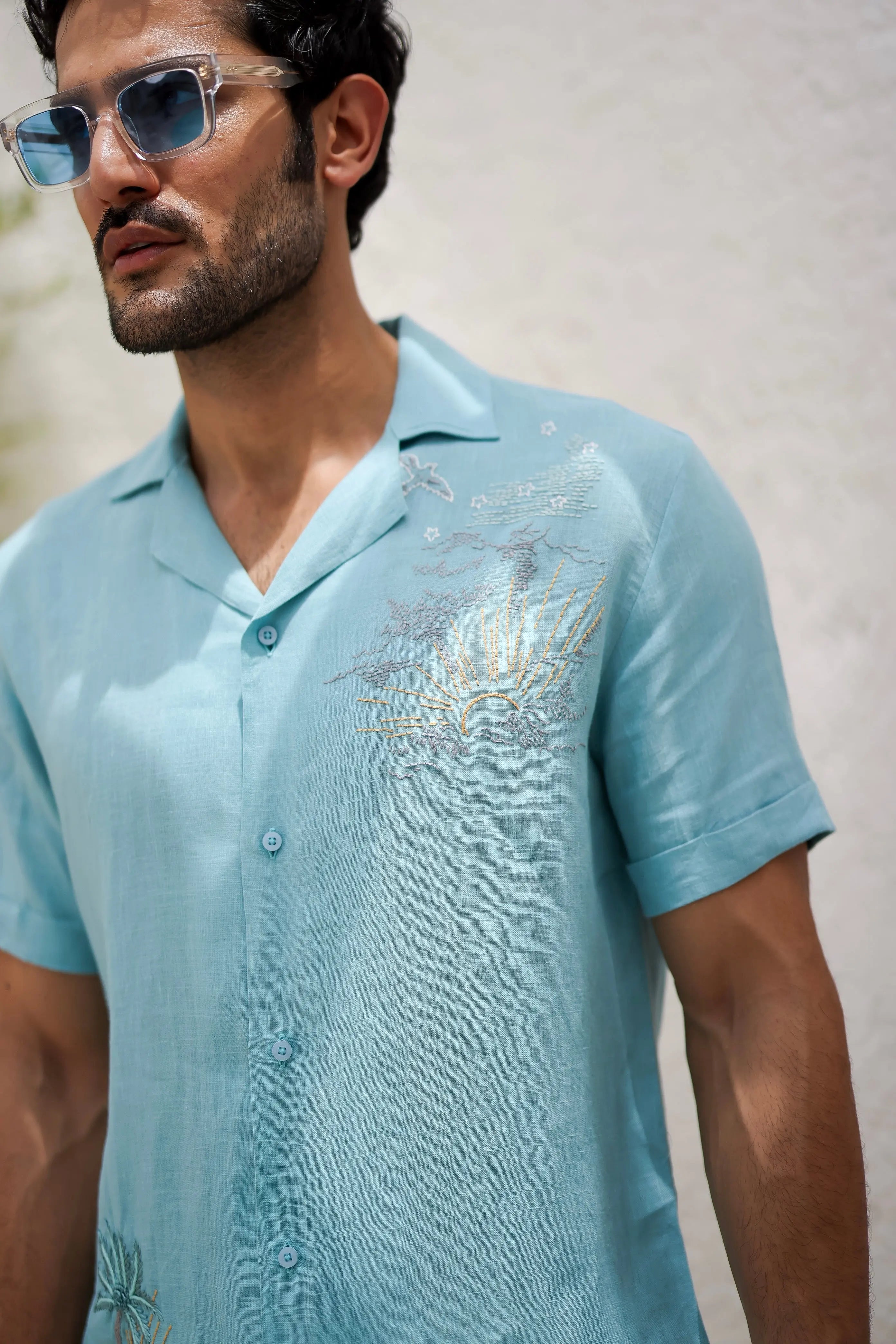 Sky Blue Cuban Embroidered Tropical Shirt