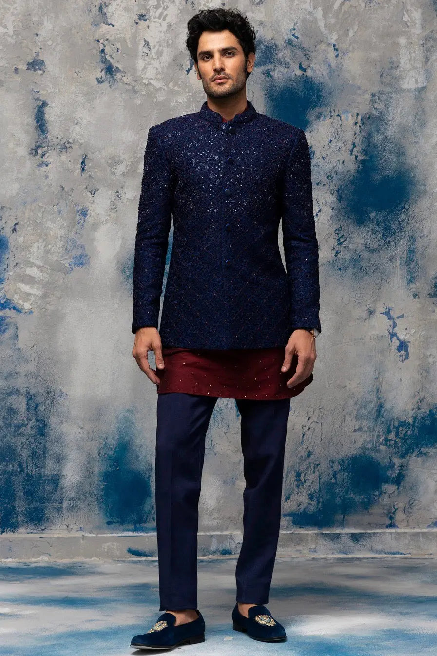 Midnight Blue Sequins Embellished Bandhgala - Asuka Couture