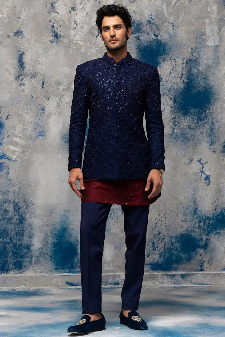 Midnight Blue Sequins Embellished Bandhgala - Asuka Couture