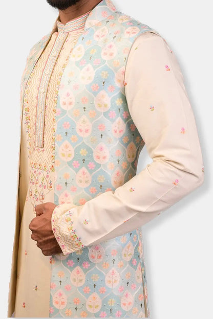 Sky Blue and Cream Embroidered Long Open Bundi Set