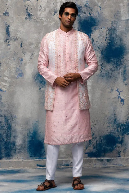 Blush Pink Resham Mirror Work kantha Embroidery Bundi Set