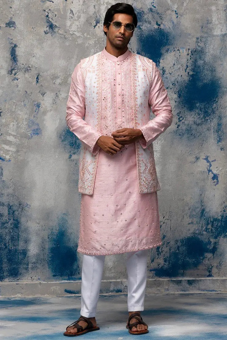 Blush Pink Resham Mirror Work kantha Embroidery Bundi Set - Asuka Couture