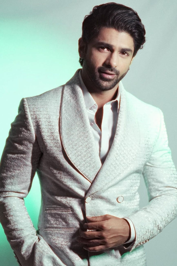 Taaha Shah in Silver Sterling Shawl Lapel Tuxedo Set