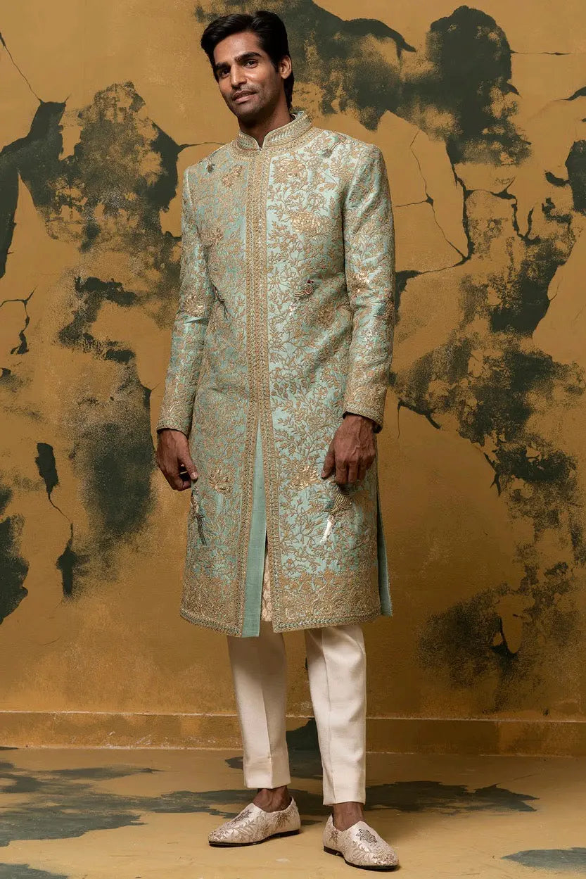 Chartreuse Green Dori Embroidered Sherwani - Asuka Couture
