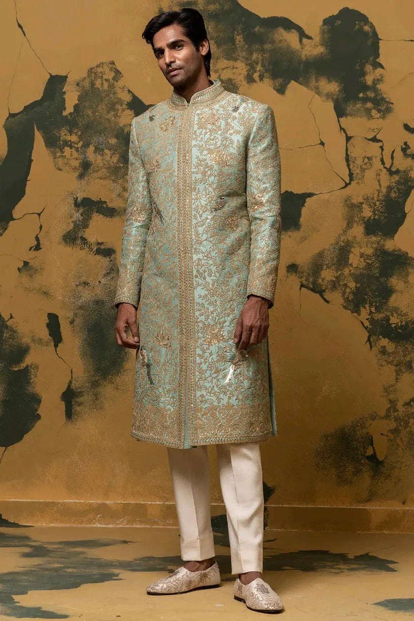 Chartreuse Green Dori Embroidered Sherwani - Asuka Couture
