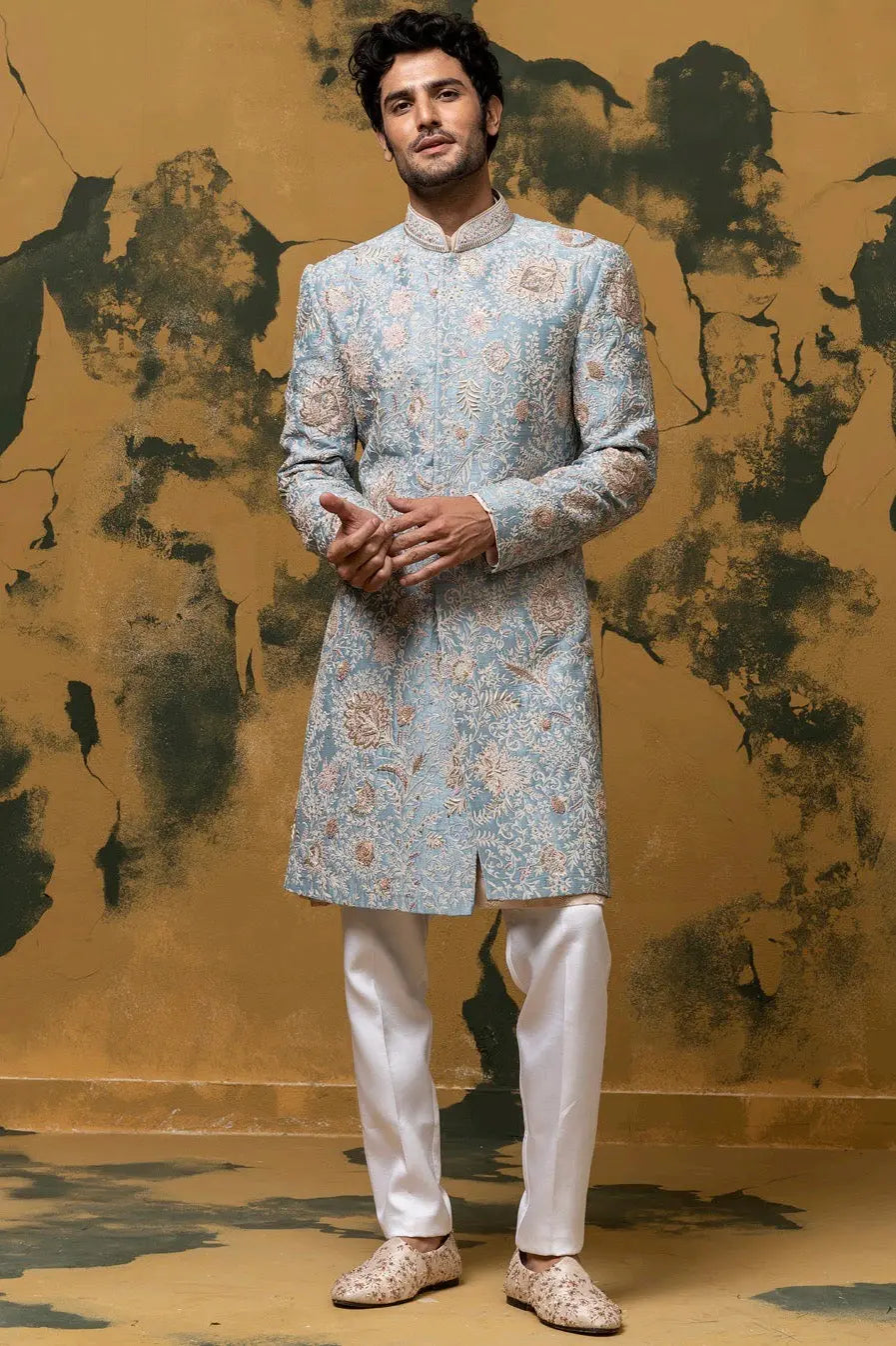 Empyrean Blue Sherwani With Kiran Dori And French Knots - Asuka Couture