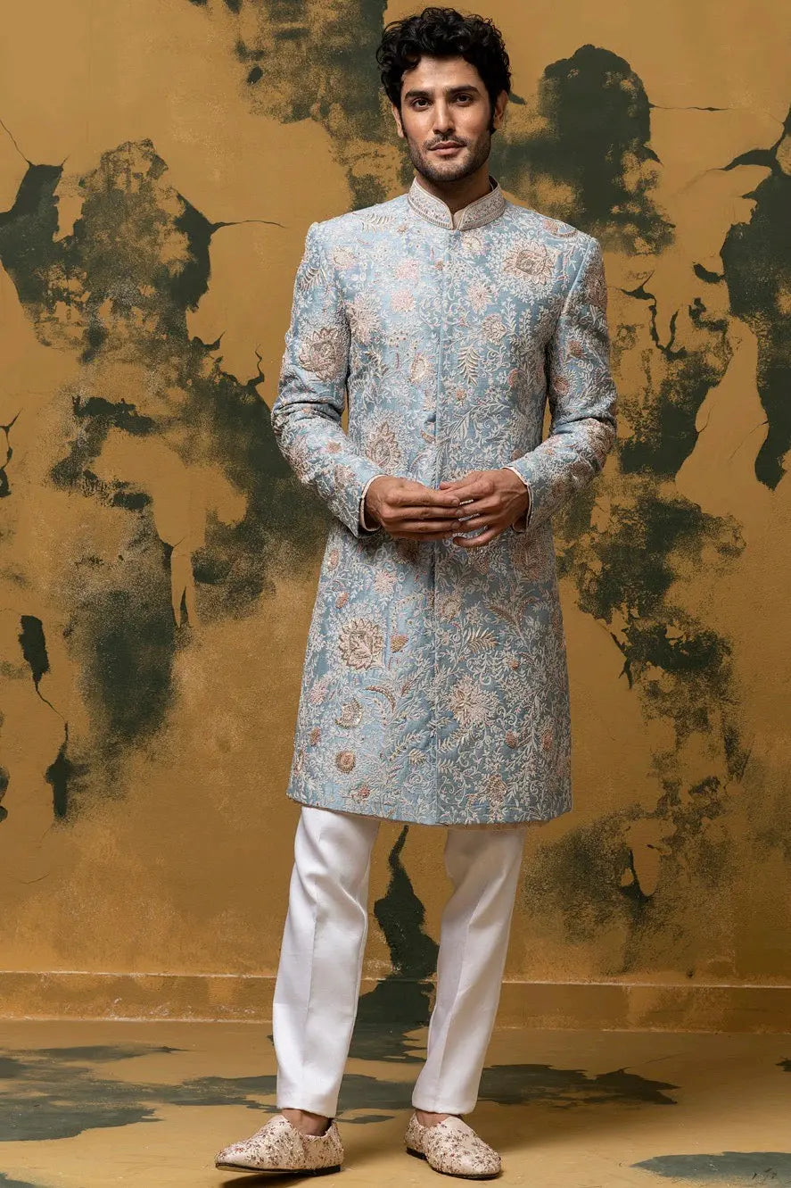 Empyrean Blue Sherwani With Kiran Dori And French Knots - Asuka Couture