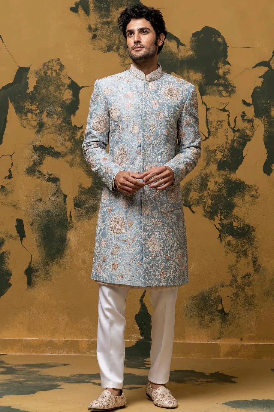 Empyrean Blue Sherwani With Kiran Dori And French Knots - Asuka Couture