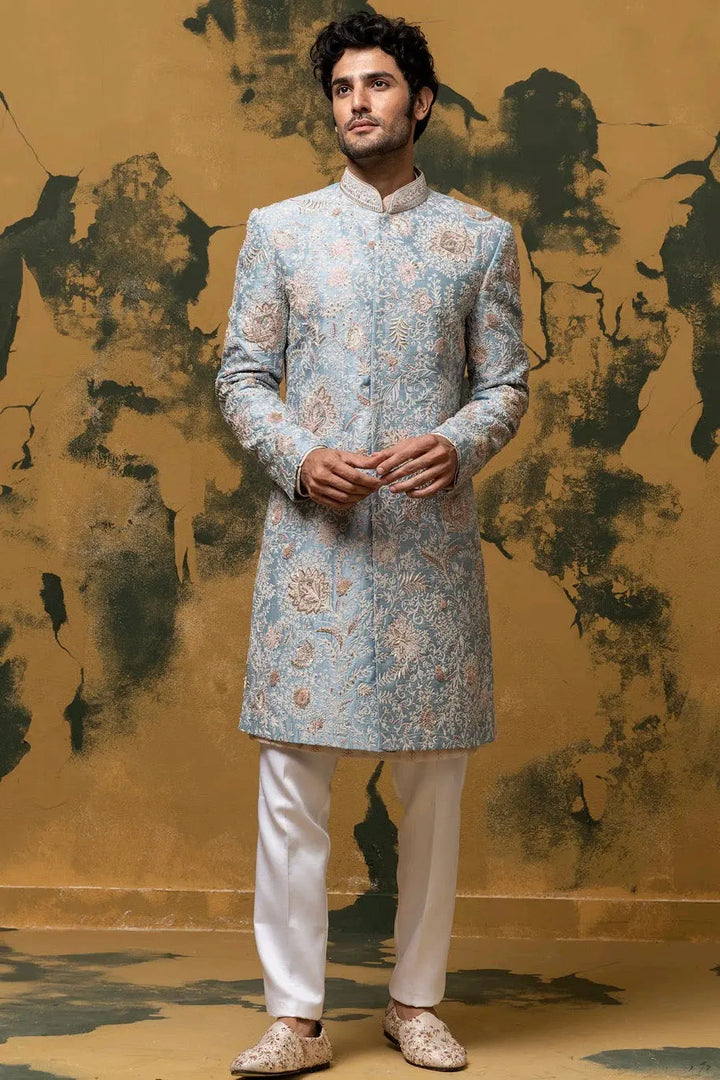 Empyrean Blue Sherwani With Kiran Dori And French Knots - Asuka Couture