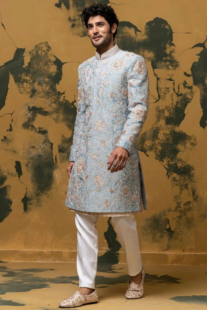 Empyrean Blue Sherwani With Kiran Dori And French Knots - Asuka Couture