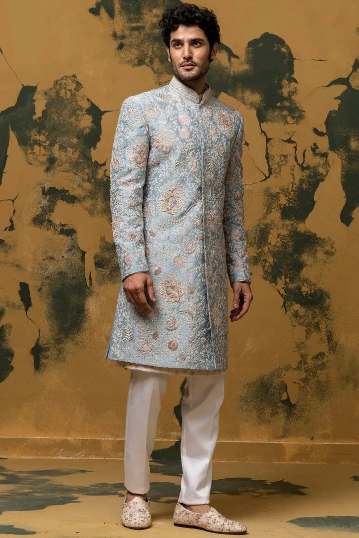 Empyrean Blue Sherwani With Kiran Dori And French Knots - Asuka Couture