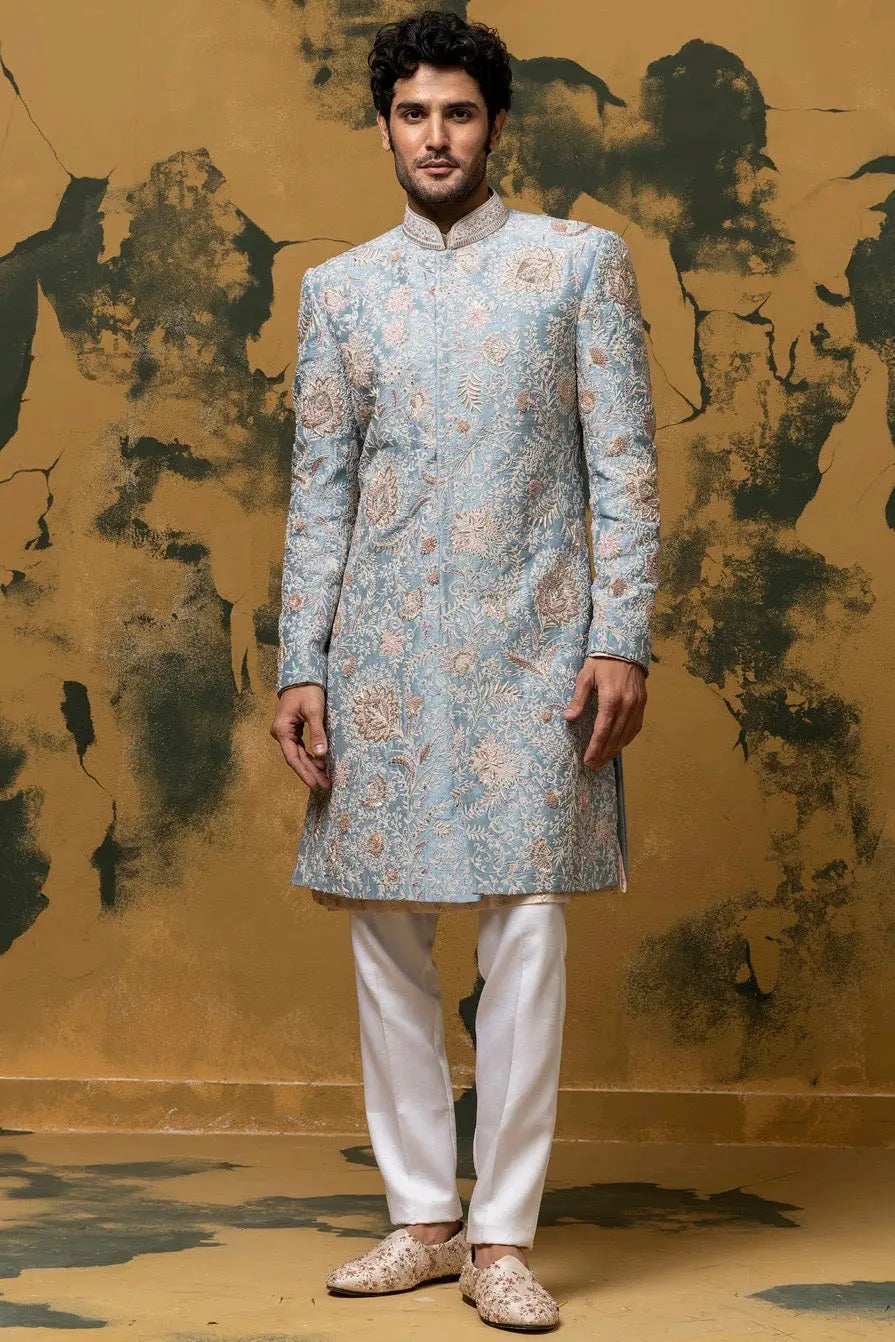 Empyrean Blue Sherwani With Kiran Dori And French Knots - Asuka Couture