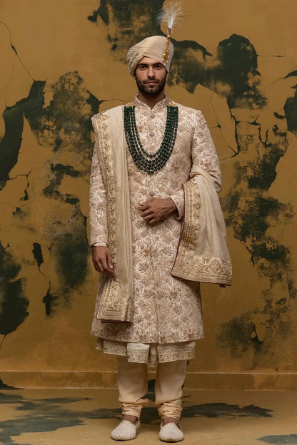 Beige Floral Kiran Dori Sherwani