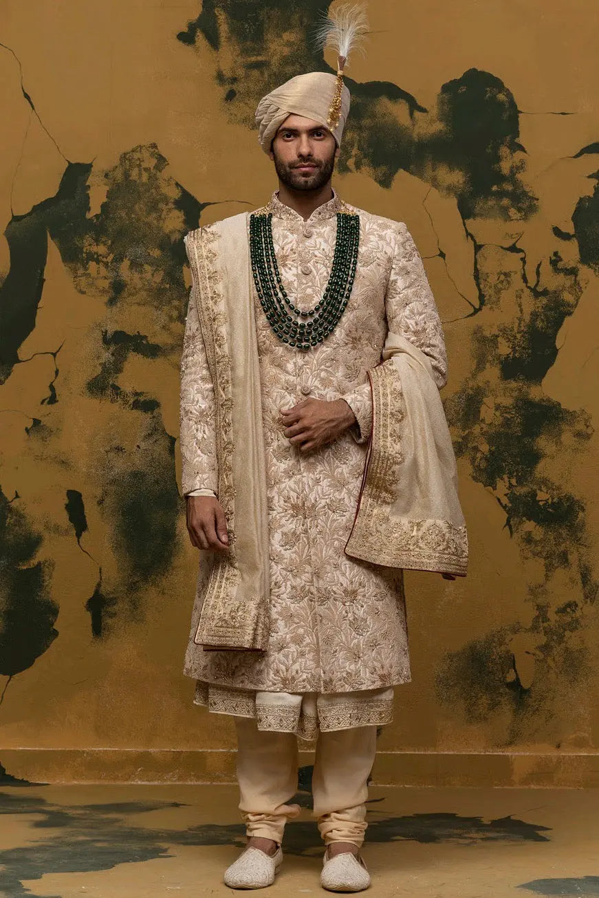 Beige Floral Kiran Dori Sherwani - Asuka Couture