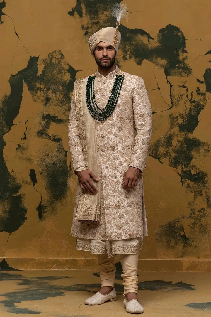 Beige Floral Kiran Dori Sherwani - Asuka Couture