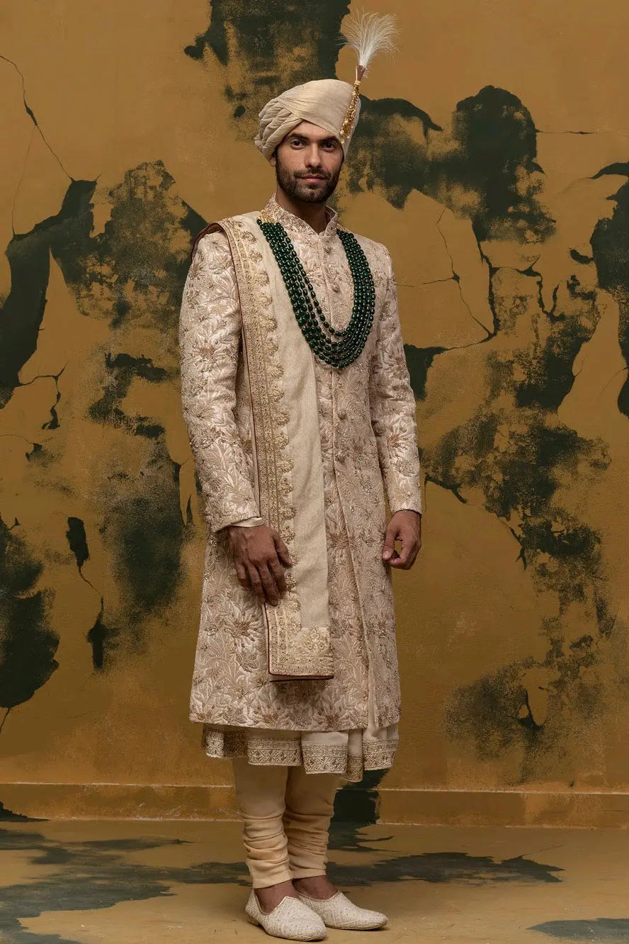 Beige Floral Kiran Dori Sherwani - Asuka Couture