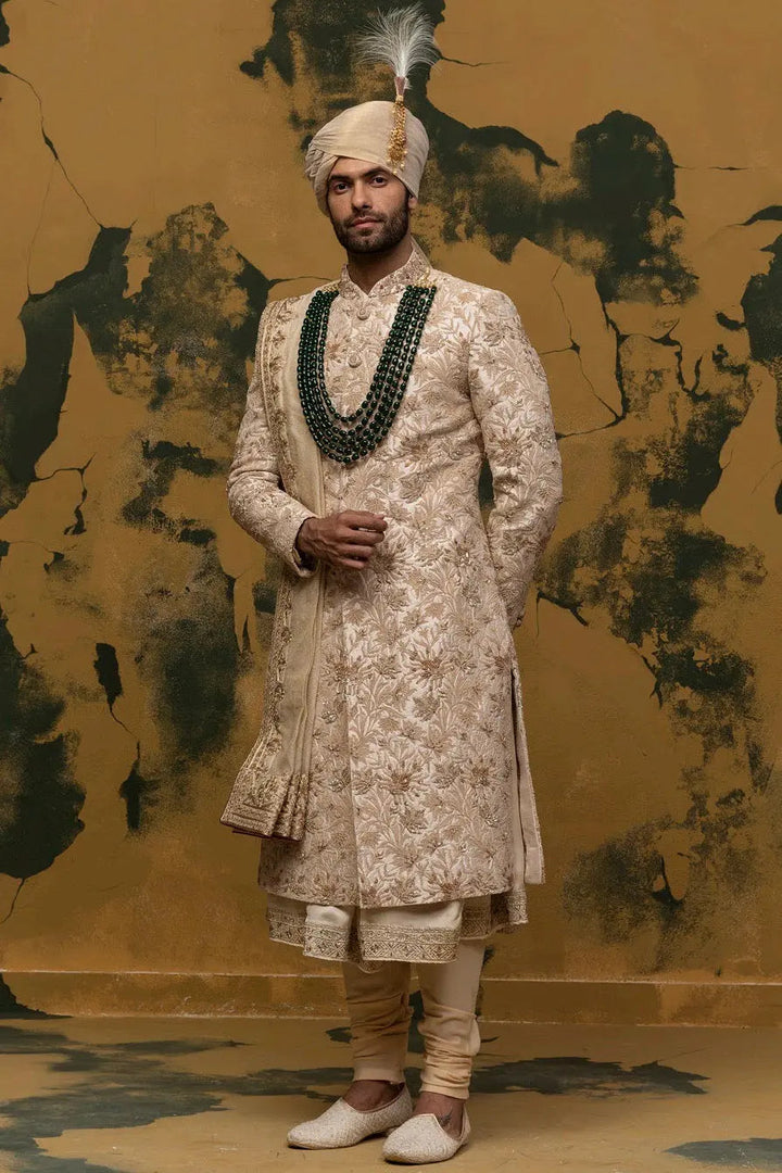 Beige Floral Kiran Dori Sherwani - Asuka Couture