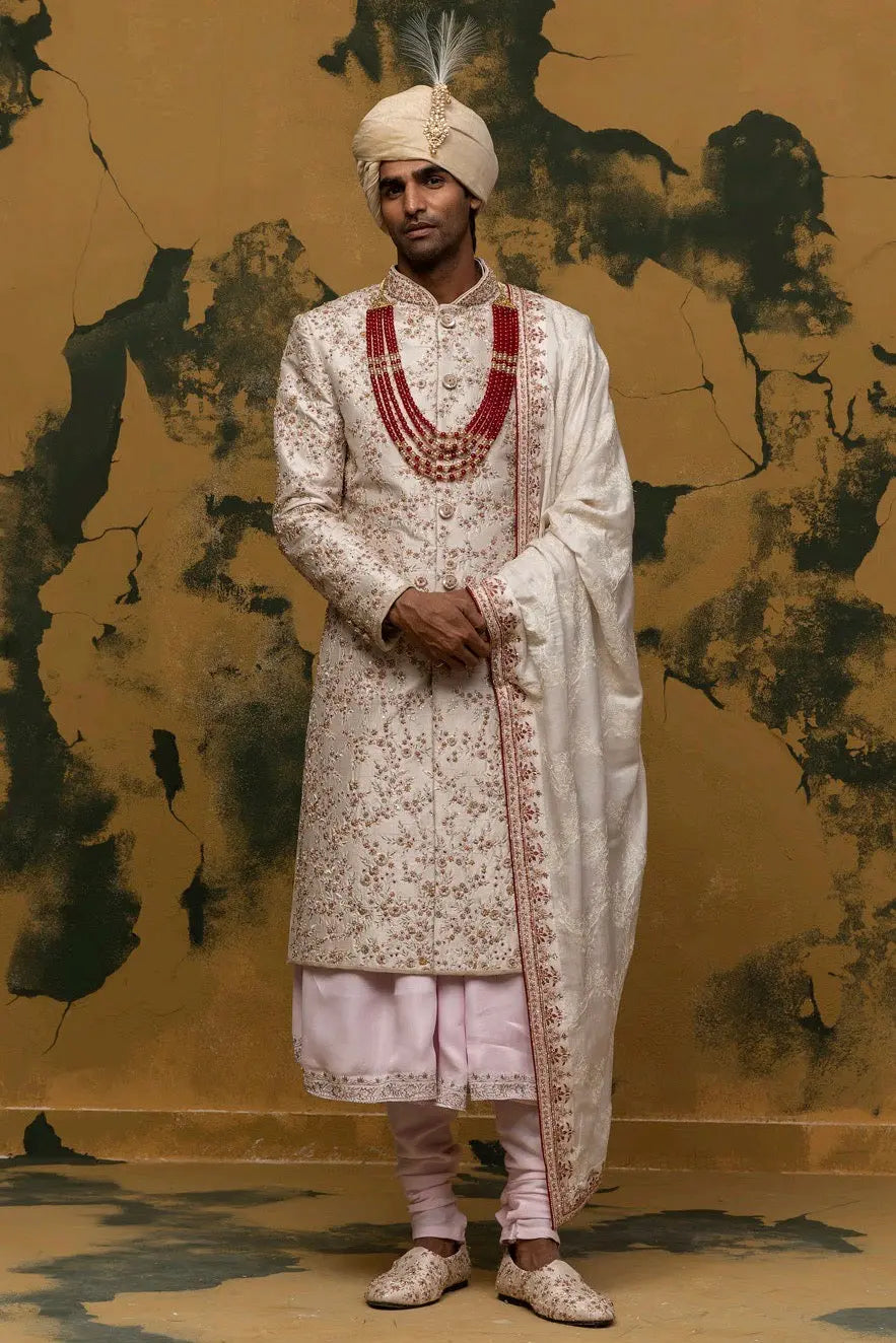 Off-White Floral Embroidered Sherwani - Asuka Couture
