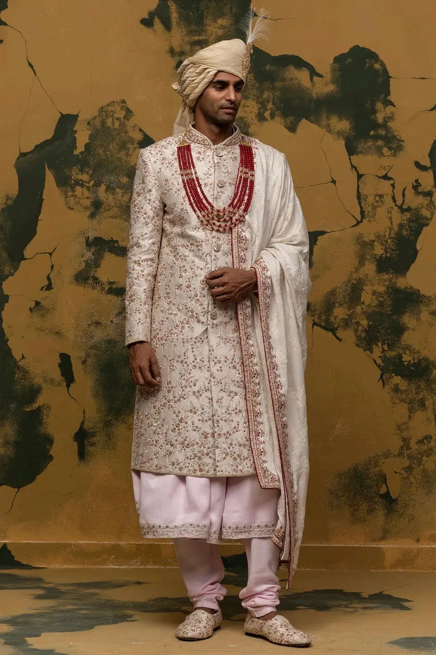 Off-White Floral Embroidered Sherwani - Asuka Couture