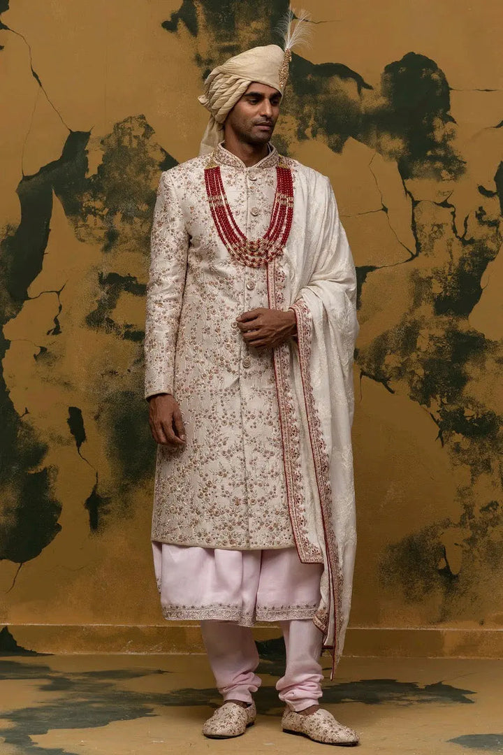 Off-White Floral Embroidered Sherwani - Asuka Couture
