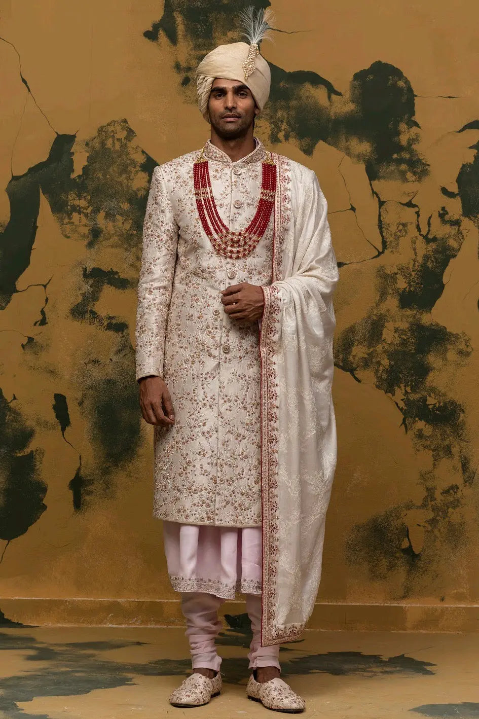Off-White Floral Embroidered Sherwani