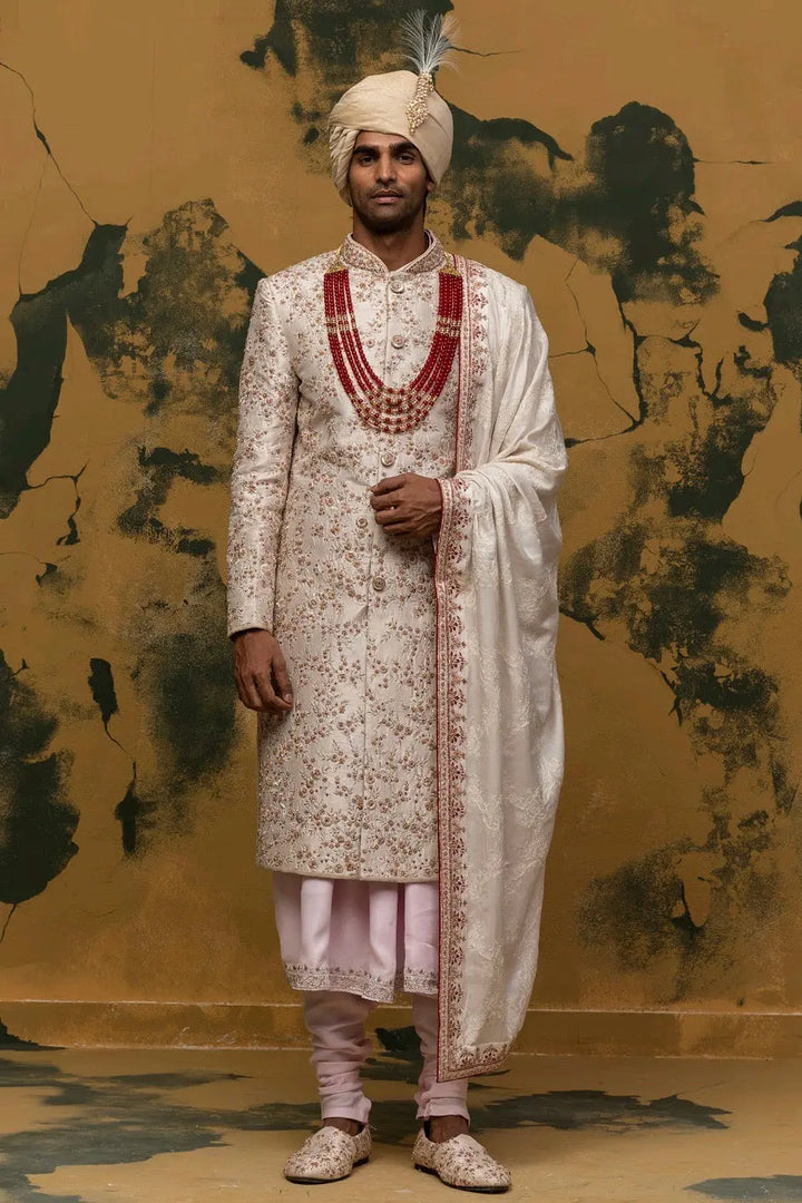 Off-White Floral Embroidered Sherwani - Asuka Couture
