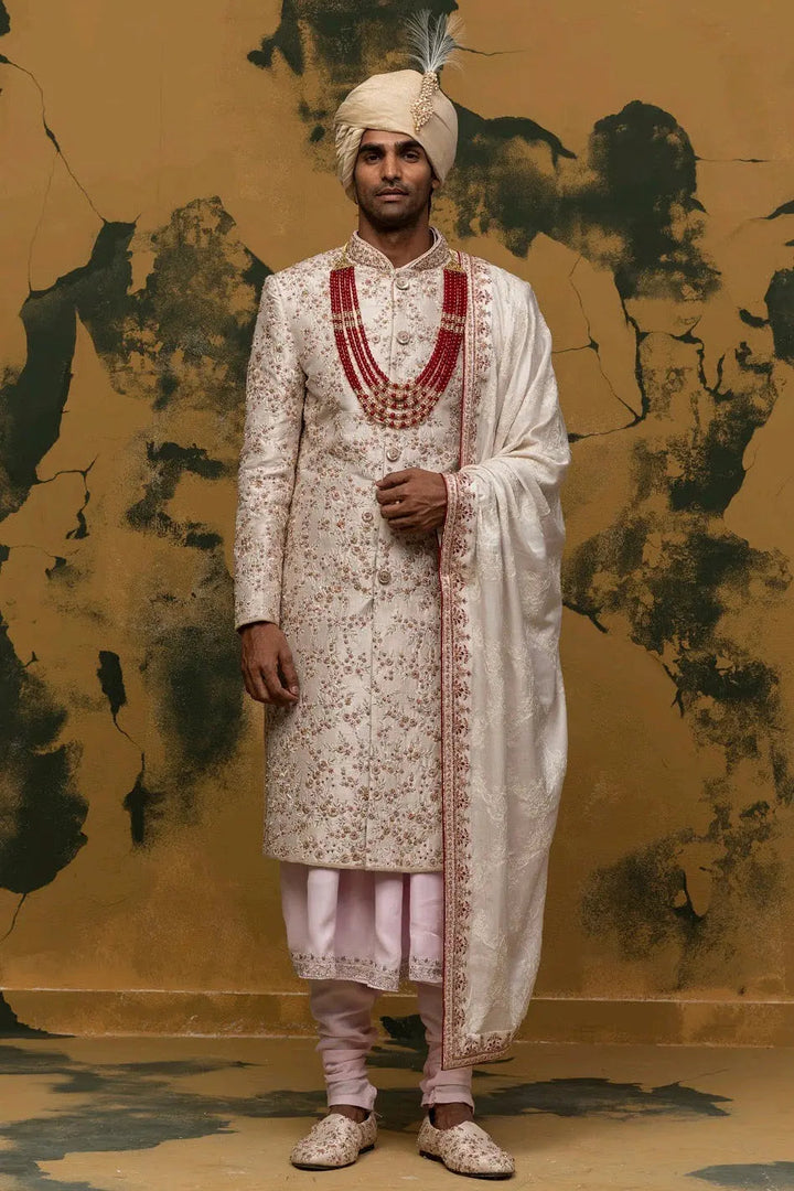 Off-White Floral Embroidered Sherwani - Asuka Couture