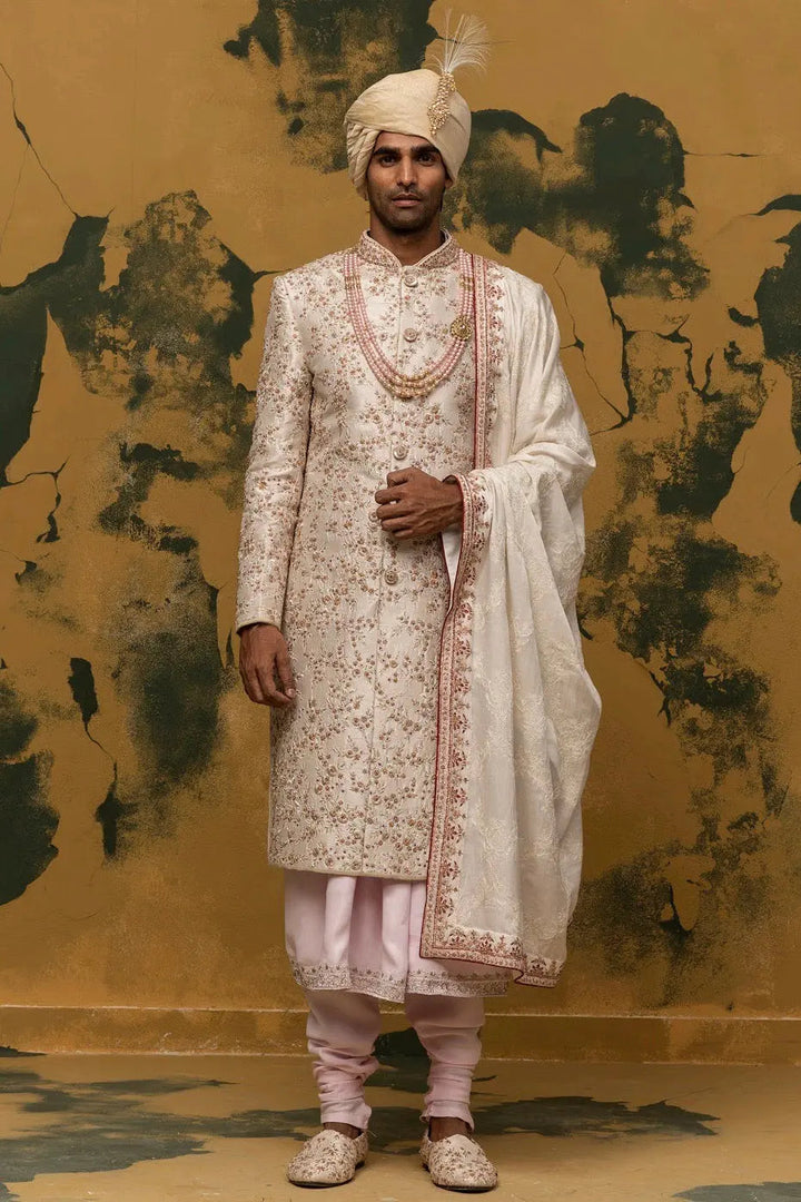 Off-White Floral Embroidered Sherwani - Asuka Couture