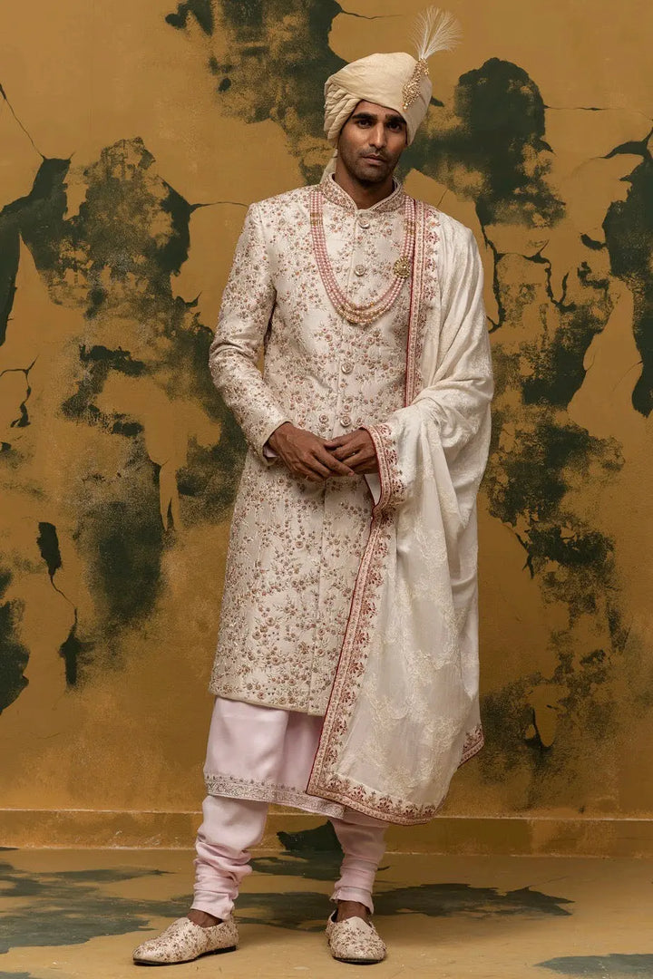 Off-White Floral Embroidered Sherwani - Asuka Couture
