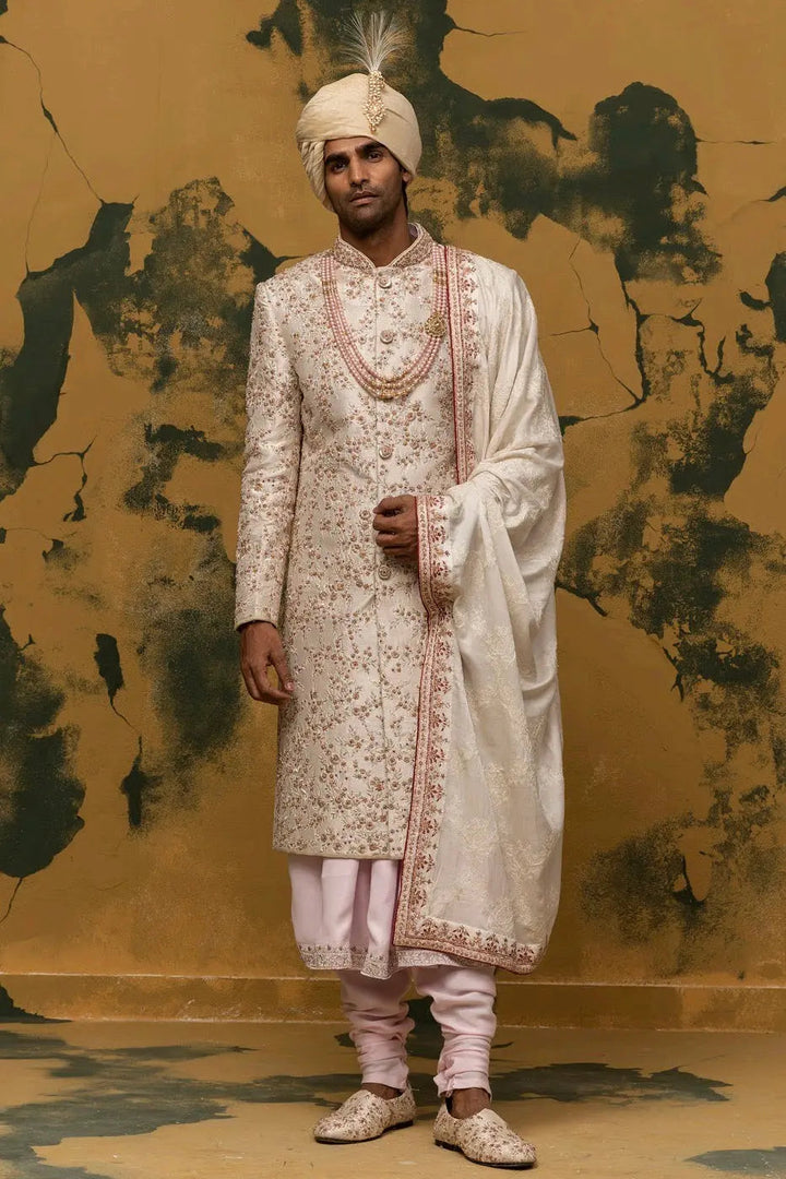 Off-White Floral Embroidered Sherwani - Asuka Couture