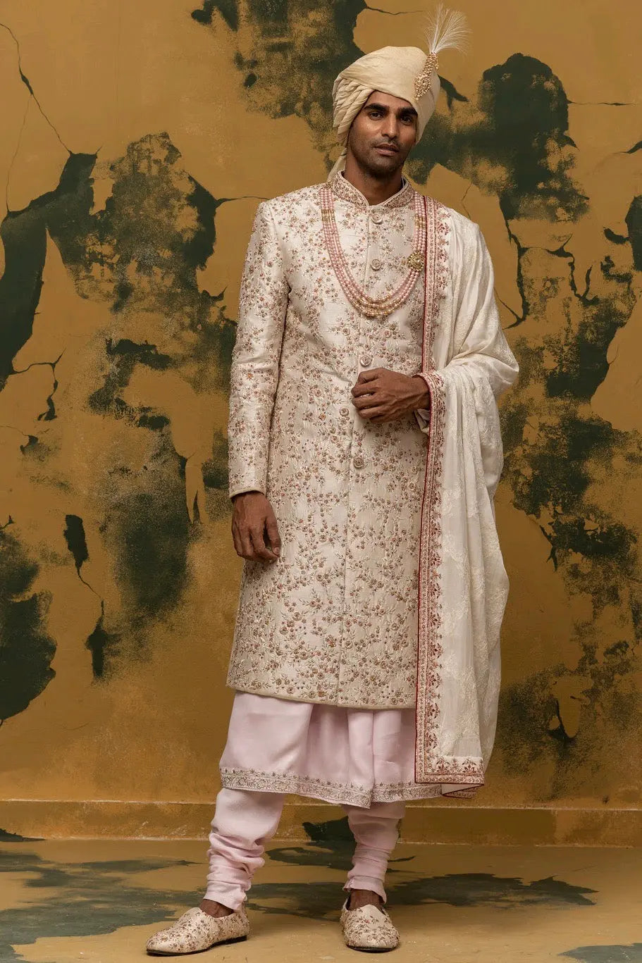 Off-White Floral Embroidered Sherwani - Asuka Couture