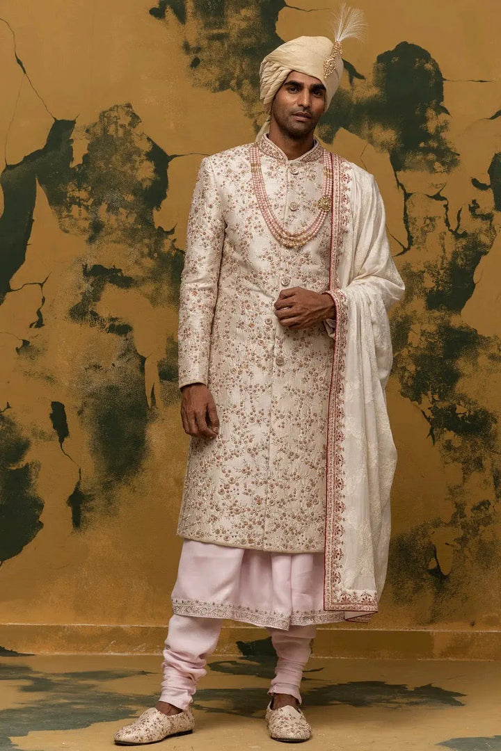 Off-White Floral Embroidered Sherwani - Asuka Couture