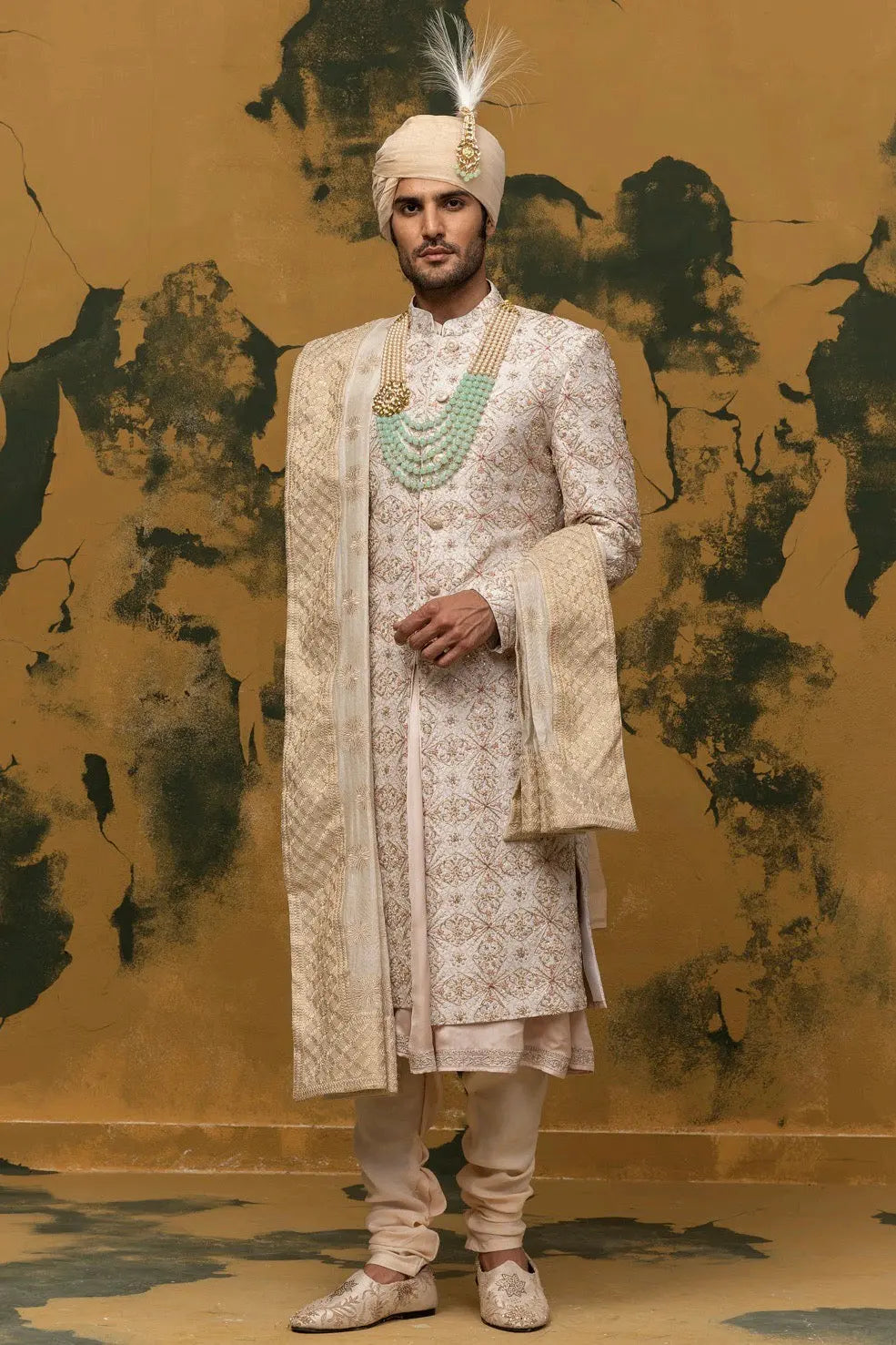 Off-White Sherwani with Dabka Moti Work - Asuka Couture