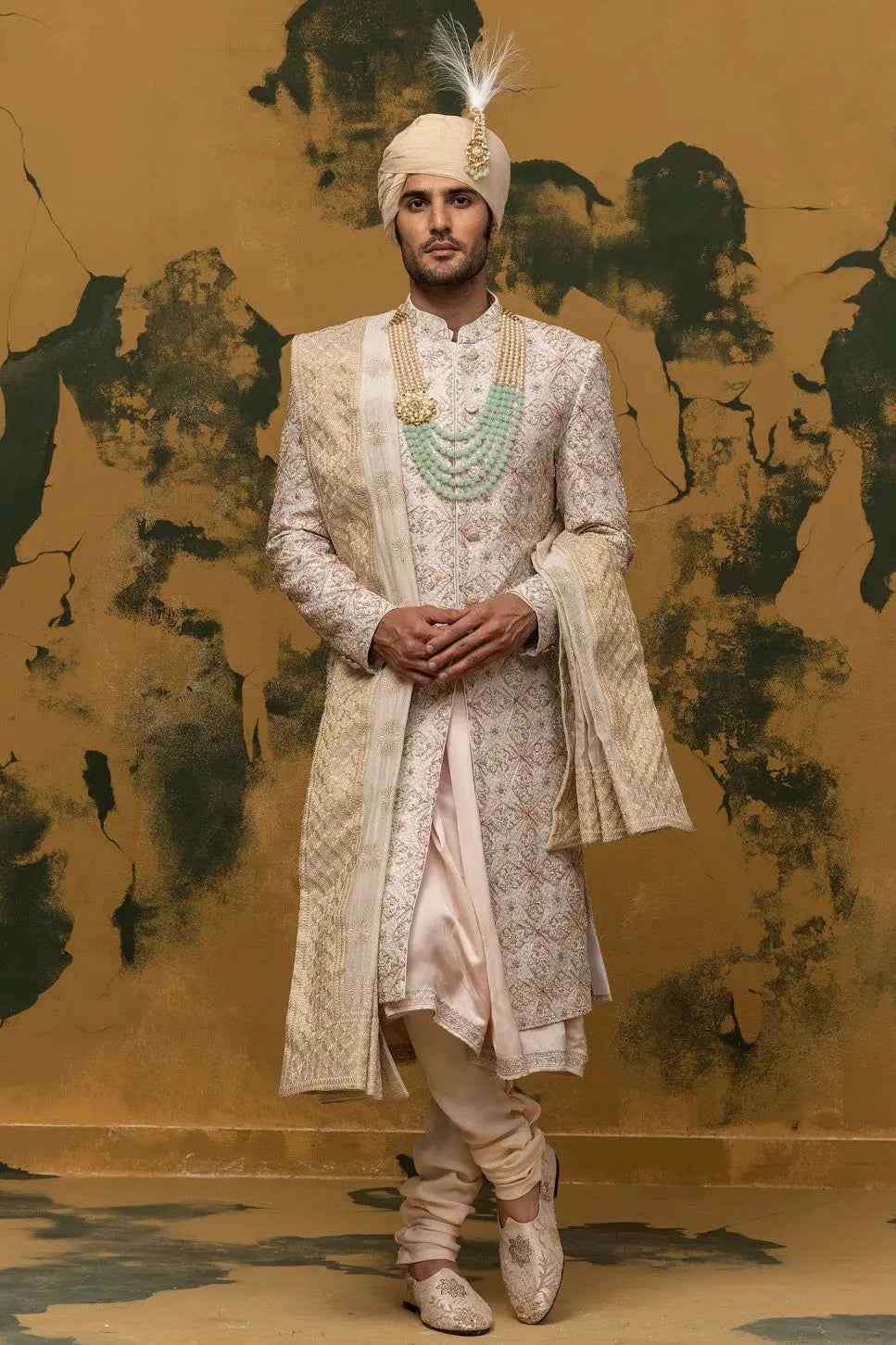 Off-White Sherwani with Dabka Moti Work - Asuka Couture