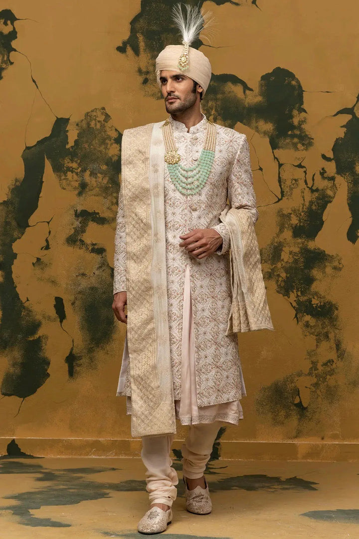 Off-White Sherwani with Dabka Moti Work - Asuka Couture